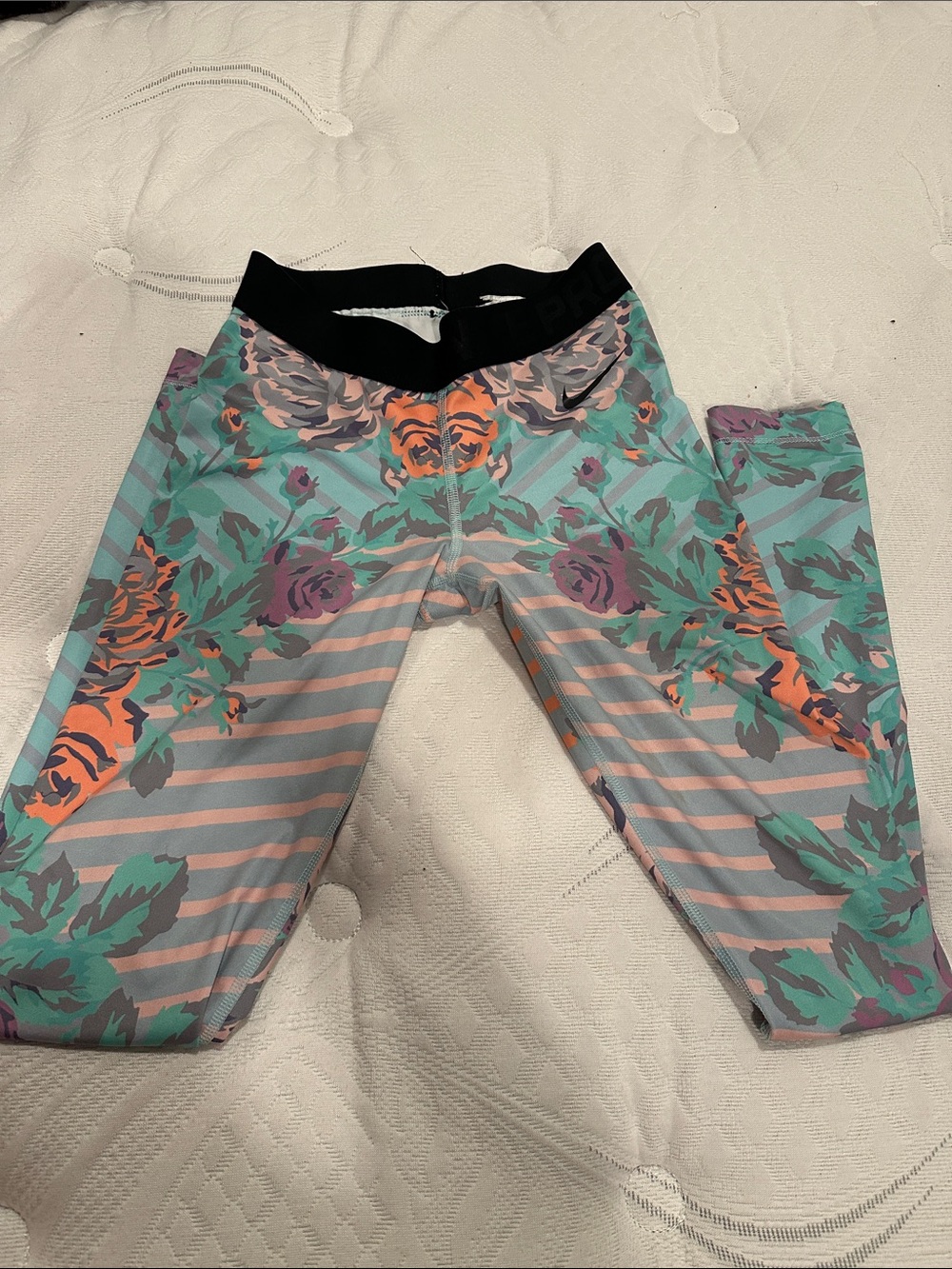 Nike Floral Stripe Leggings - Mint, Coral & Purple